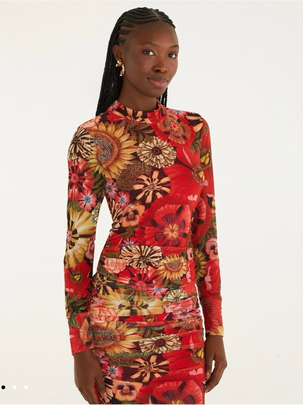 FARM Rio Red Floral Long-Sleeve Mock Neck Dress